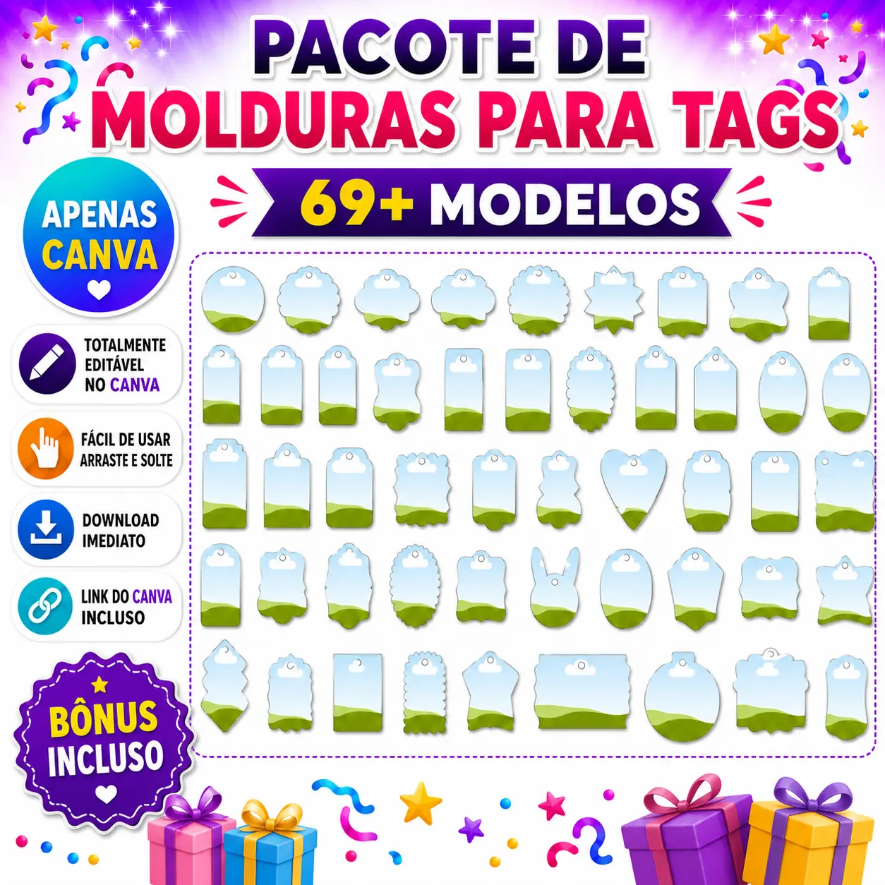 Amostra do bônus: molduras para tags editáveis no Canva
